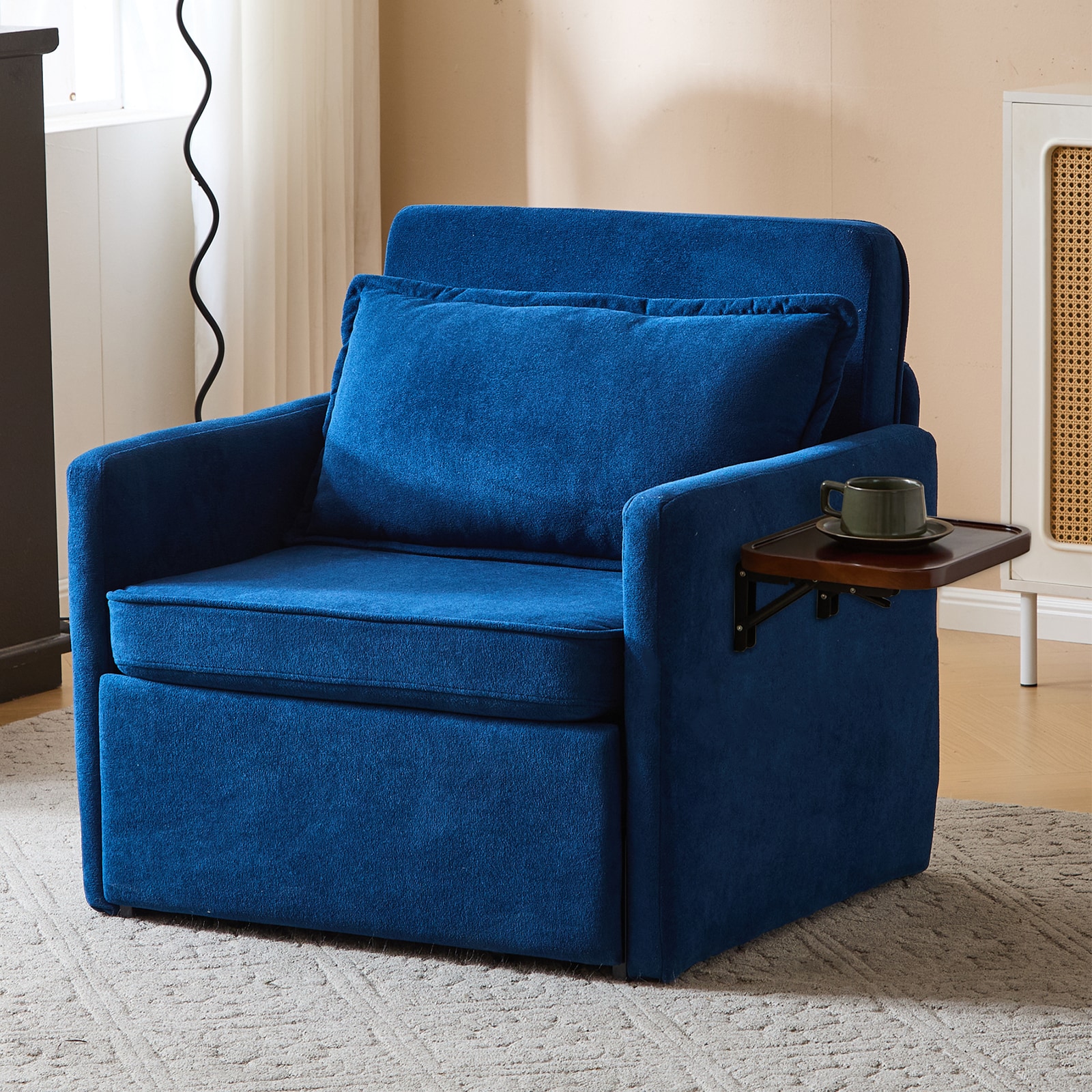 Sleeper Chair Bed, 3-in-1 Convertible Sofa Bed Pull-out Sofa Bed, Convenient Folding Tray Table With USB And Type-C Charging Ports,Blue,Leather_voghion.com